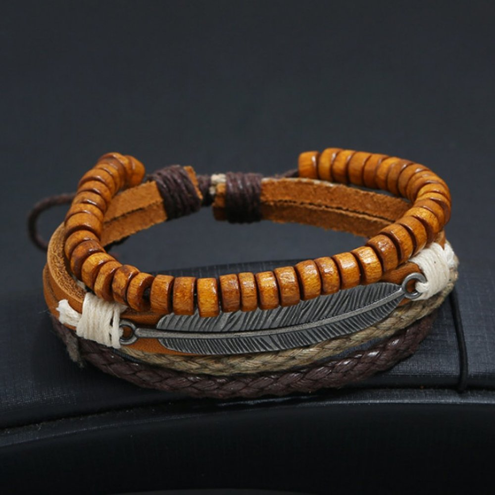 New Vintage Multi-layer Feather Cowhide Beaded Bracelet